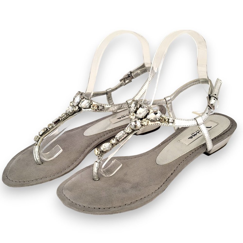 Nina Metallic Silver Crystal Gem Bling Thong Slingback Flat sandel US8 - Picture 3 of 10